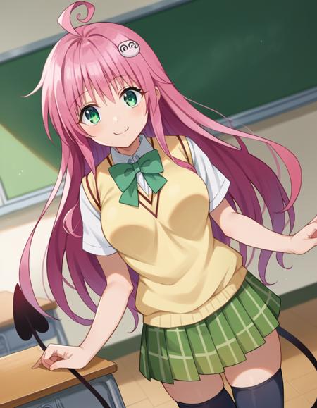 lala deviluke, long hair, pink hair, tail, ahoge, bangs, hair ornament, green eyes, demon tail, green skirt, plaid, plaid skirt, sainan high school uniform, school uniform, skirt, sweater vest, thighhighs, yellow sweater, short sleeves, bow, green bow,