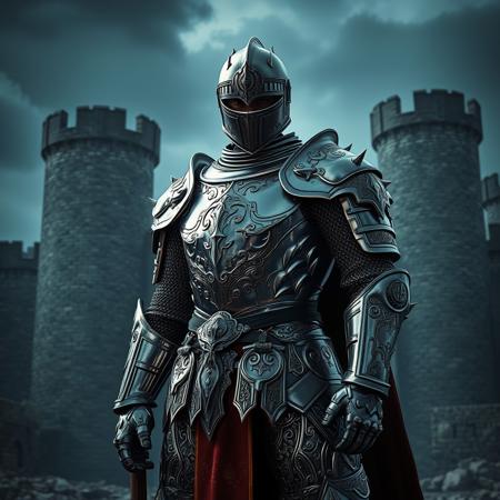 A photo of a man in shining knight's armor, full body view, standing in front of a ruined castle, dramatic lighting, detailed intricate armor design, fantasy, cinematic, highly detailed, by Yoshitaka Amano and Katsuya Terada, 4k resolution, epic composition