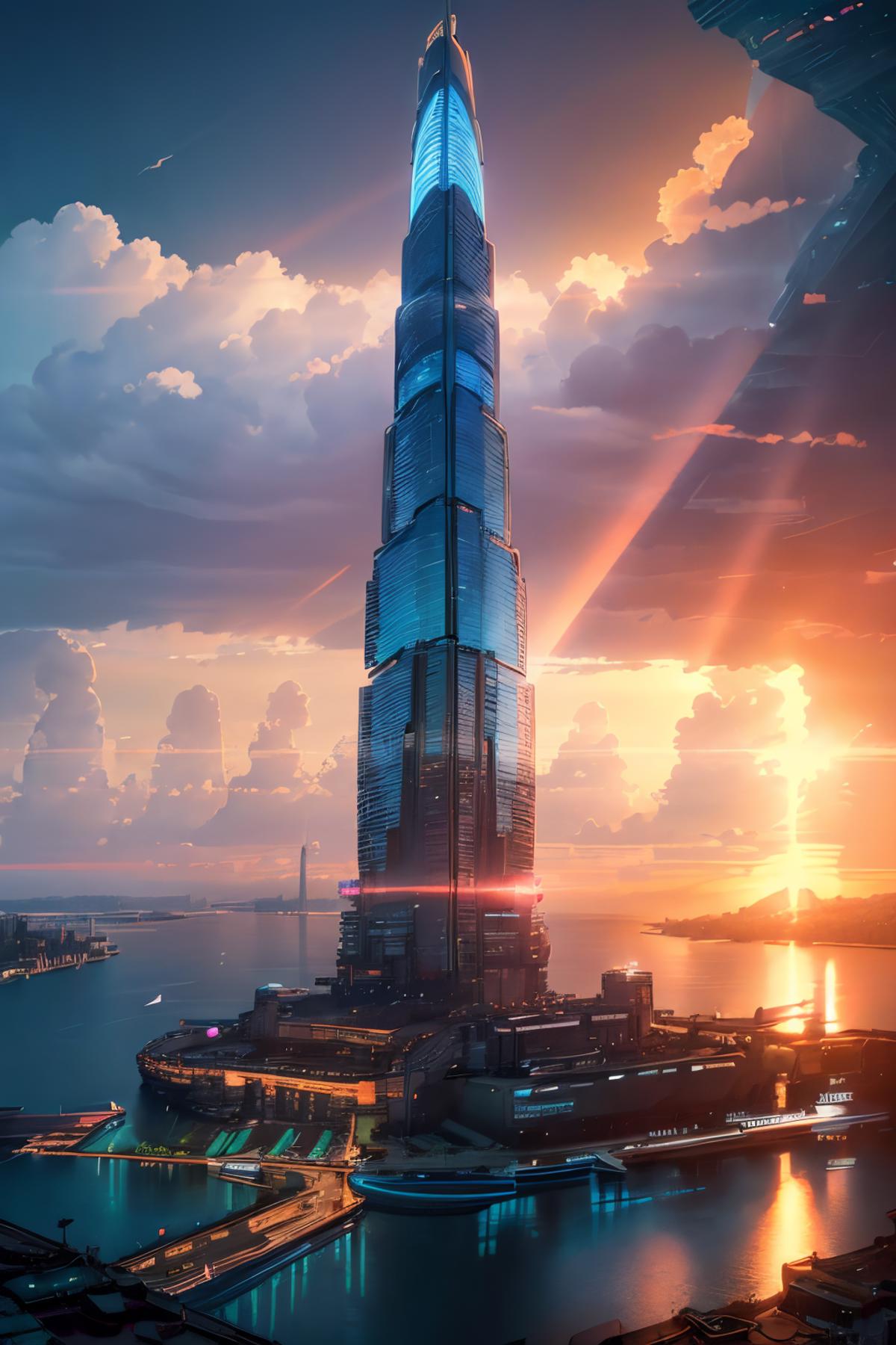 A futuristic city with a tall tower and a sunset