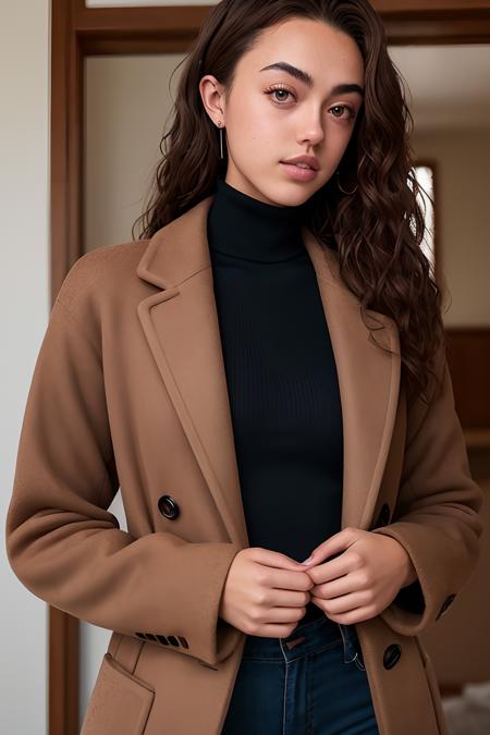 photo of (k1d4vis-2100:0.99), a woman, RAW, close portrait photo, long brown coat, turtleneck, long haircut, slim body, (high detailed skin:1.2), 8k uhd, dslr, soft lighting, high quality, film grain, Fujifilm XT3 sharp focus, f 5.6