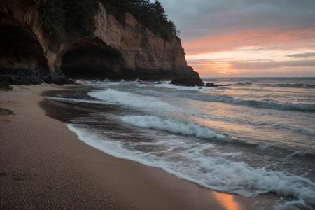 raw photo, a sunset landscape, oregon coast, haystack-rock, beach, forested cliffs, cave, cozy, photorealistic, high detailed texture, 8k uhd, dslr, soft lighting, high quality, film grain, Fujifilm XT3, Sony A7 IV, highly detailed photography, (muted colors, cinematic, dim colors, soothing tones:1.2), vibrant, insanely detailed, hyperdetailed, (dark shot:1.2), (vsco:0.3), (intricate details:0.9), (hdr, hyperdetailed:1.2) (highest coherency: 1.39) (highest quality: 1.39) (rule-of-thirds) (award-winning) (masterclass) (highest resolution: 1.39)