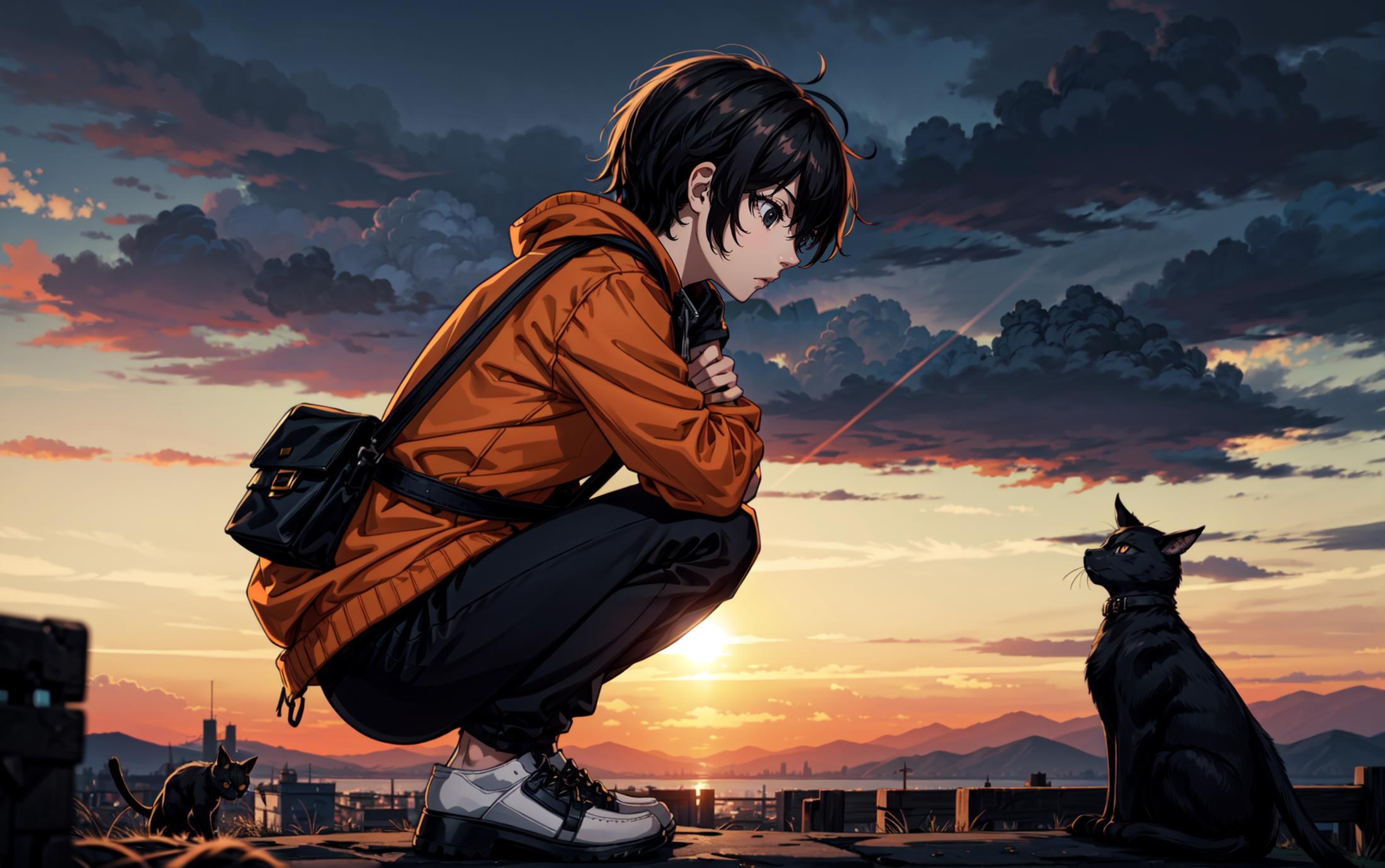 Anime character with black hair and orange jacket sits on a ledge with a cat.