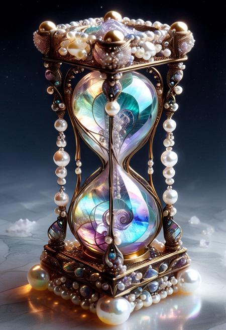 best quality, masterpiece, high resolution, intricate detailed,
beautiful photo of a Pearlum hourglass sculpture made of fluorite mineral, flu0rite, iridescent, 
eh1, ethereon, filigree brass, 
translucent gems, pearls, 
background of a alien scenery,
rays of light, natural light,