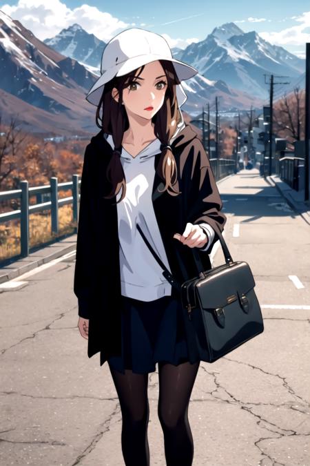 masterpiece, best quality, 1girl, solo, beautiful, Miki Okudera, (brown hair:1.1), long hair, cityscape, fashion, open jacket, mountain, climbing, looking at viewer, annoyed, blurry background, hat, hood, handbag, lipstick,