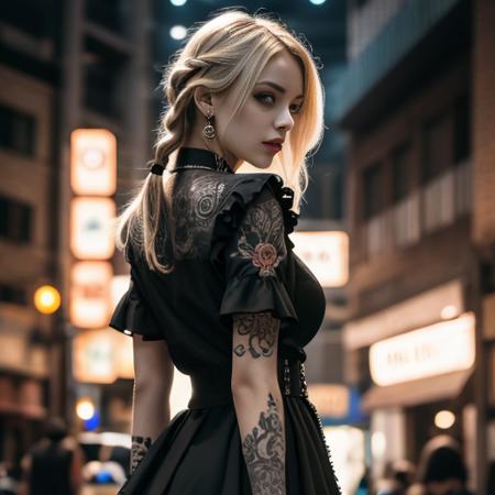 masterpiece, best quality, highres, detailed, intricate details, dutch angle, bad-girl, solo, goth girl, irezumi style, tatoo, 1girl, large breasts, slim body, perfect body, full lips, bright blue eyes, short hair, long blonde hair, braided hair, black frilled dress, black armbands, intricate pattern on clothes, neon lights, standing, looking at viewer, hand on hip,  <lora:Gothpunkgirl:0.7>