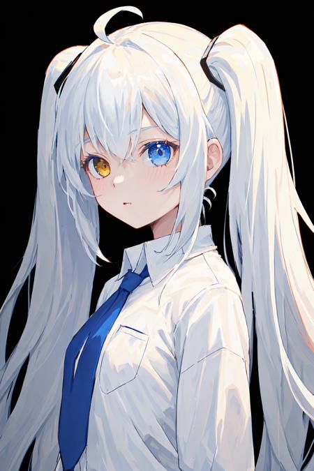 (best quality, masterpiece), 1girl, (female focus), ahoge, white blue hair, ((white shirt), (overfit shrit)), long hair, standing, twintails, [[[mild heterochromia]]], white background