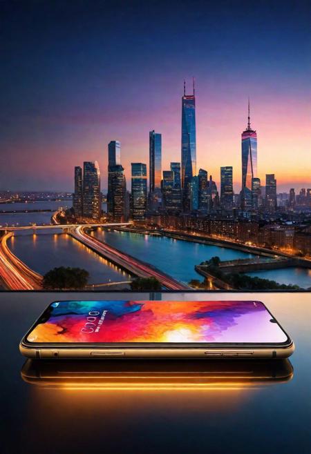 Superior quality, high-tech masterpiece, ultra-high resolution, hyper-realistic, UHD sharpness, depth of detail, smartphone, lying on a sleek glass surface, ambient urban lighting, ultra-modern design, reflective screen, next to, soft cityscape glow, backlit icons, (vivid display light:1.2), subtle shadows under the device