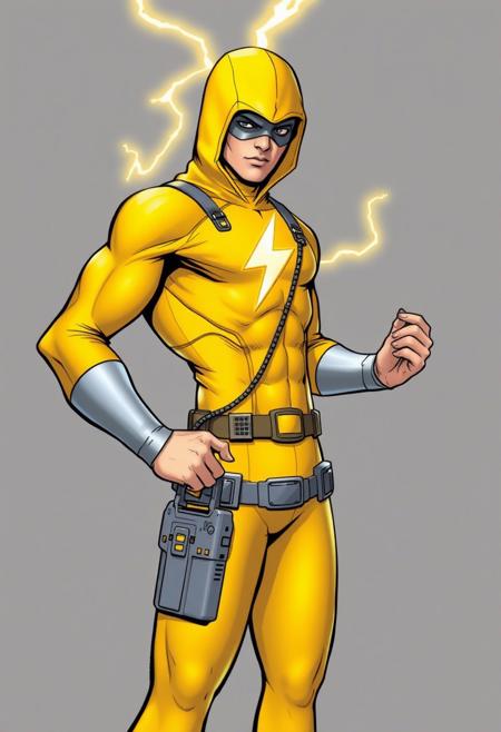 A young male superhero, wearing a simple yellow suit to showcase his electrical superpowers. He wears a cowl covering his upper head. He has several gadgets, including a computer on his wrist. He has a electric insignia on his chest.
The art style is golden age comics
