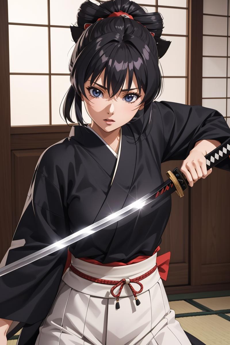 An anime girl dressed in a kimono and holding a sword.