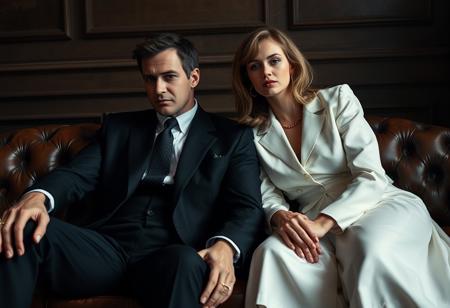 a man and a woman sitting on a brown leather couch, official prada editorial, editorial fashion photography