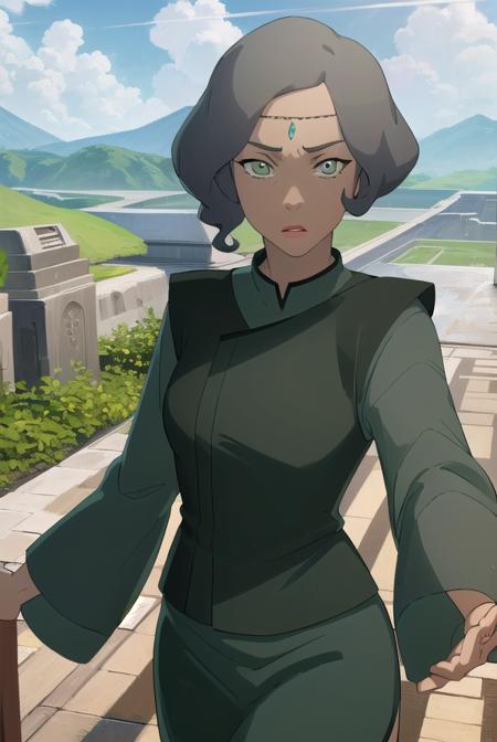 avatarsuyin, <lora:avatar suyin-lora-nochekaiser:1>,
suyin, short hair, grey hair, (green eyes:1.5), dark skin, dark-skinned female,
BREAK robe, long sleeves, dress, black dress,
BREAK outdoors, forest, nature, grass, trees, sun, sky, clouds,
BREAK looking at viewer, (cowboy shot:1.5),
BREAK <lyco:GoodHands-beta2:1>, (masterpiece:1.2), best quality, high resolution, unity 8k wallpaper, (illustration:0.8), (beautiful detailed eyes:1.6), extremely detailed face, perfect lighting, extremely detailed CG, (perfect hands, perfect anatomy),