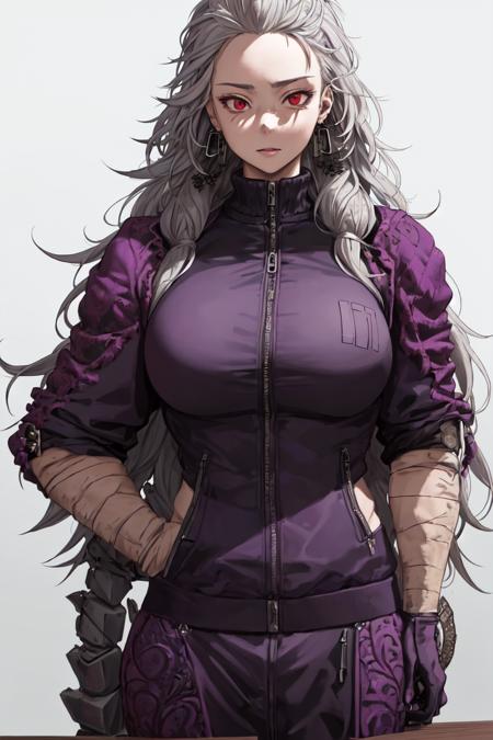 noi_dorohedoro, highres, sharp focus, pixiv masterpiece, ((intricate details)), highly detailed, 1girl, long hair, earrings, muscular, jacket, purple track suit,  <lora:Noi_Dorohedoro_v1_1:0.7>