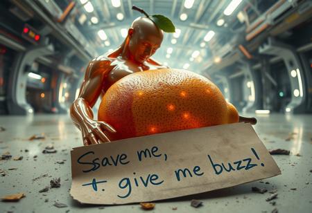 “Plastic Man morphing into a pear, blending human and fruit features with intricate high-technology details. His body exhibits glossy, translucent plastic textures merging seamlessly with the vibrant, textured pear skin. Random, glowing, fancy spots illuminate the scene, resembling futuristic bio-luminescence. A rotten piece of cardboard lies in the foreground, damp and crumpled, with bold, messy handwriting that reads: ‘Save me, give me buzz!’ The setting is an abstract, high-tech environment, filled with mechanical and organic elements. Rendered with cinematic prime lens effects, using a fisheye 12mm perspective for dramatic distortion and dynamic depth, showcasing surrealism with stunning visual clarity.”