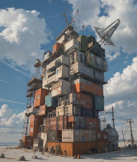 (masterpiece),(best quality),(cars:1.1),Container_building,(day:1.3),wheel,fantasy,surreal, 
pov,Industrial punk, steam style,Wasteland, post-apocalyptic world,
 <lora:KK_Container_building_v1:0.8>
Negative prompt: nsfw,EasyNegative,ng_deepnegative_v1_75t, (badhandv4:1.2), (worst quality:2), (low quality:2), (normal quality:2), lowres, bad anatomy, bad hands, normal quality, ((monochrome)), ((grayscale)) watermark,
Steps: 30, Sampler: DPM++ SDE Karras, CFG scale: 7, Seed: 1951727545, Size: 768x904, Model hash: f20c91bd27, Model: 1创意幻想_ghostmix_v12, Clip skip: 2, ENSD: 31337, Hashes: {"vae": "c6a580b13a", "model": "f20c91bd27"}