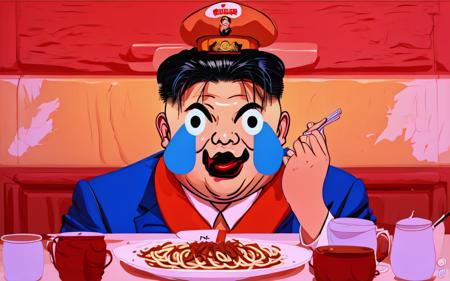 kim jong un recording himself doing a spaghetti and human rights violations mukbang, withLora(lmfaoEmojiFace_cookedlmaoji,1) lmfao emoji face, emoji style