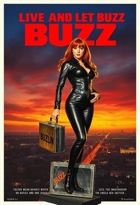 1960s spy movie poster, movie title text "LIVE AND LET BUZZ" in large red letters on top of poster, 
1960s spy movie poster, redhead woman, long red hair, blue eyes, large breasts,  voluptuous redheaded woman in tight leather jumpsuit with knee high buckle boots, cleavage:0.5, wide hips, flat stomach, sexy spy woman, standing in dramatic pose with a steel briefcase with the word “BUZZ” printed on it. , she is standing on top of a building overlooking 1960s Berlin, dramatic dusk photo with dramatic sunset sky with city lights shining below,