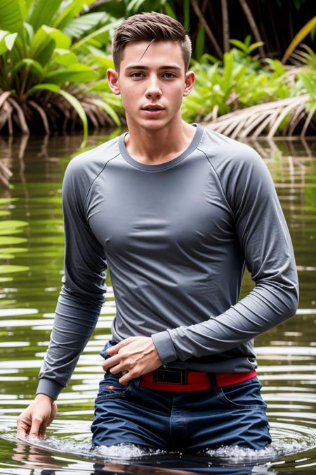 SoakingWetClothes, handsome twink man wading knee deep in amazon river, wearing blue denim and (grey long sleeve t-shirt),  <lora:SoakingWetClothesv2:0.7>, brilliant colors