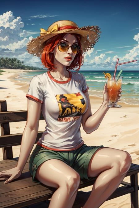 <lora:damsel-10:0.7>, damselVTMB_soul3142, red hair, short hair, pale skin, sunglasses, straw hat, tshirt, shorts, sitting, holding cocktail, beach, seascape,
 <lora:add_detail:0.5>