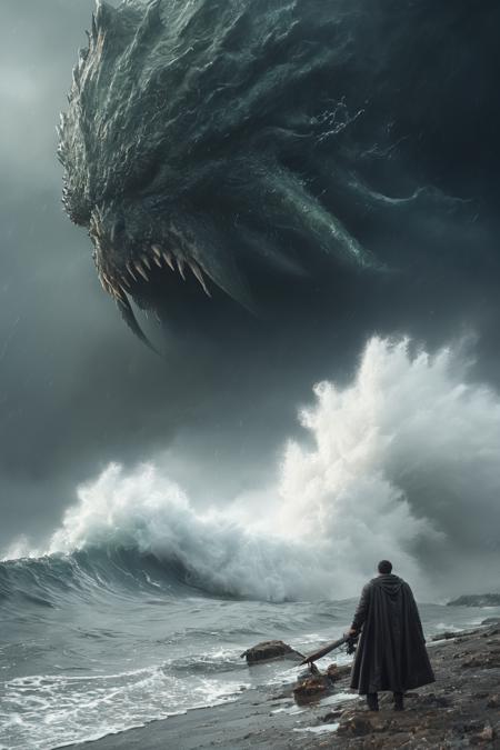 very dark focused flash photo, amazing quality, masterpiece, best quality, hyper detailed, ultra detailed, UHD, perfect anatomy, portrait, dof, hyper-realism, majestic, awesome, inspiring, photo hyper realistic of cthulhu rising from the ocean, gigantic size, dark and apocalyptic light, masterpiece, 8k, gigantic proportion, detailed waves, sky filled with lightning, raging ocean, end of the world storm atmosphere, a man alone faces, cinematic composition, soft shadows, national geographic style <lora:XL_boss_battle:1>