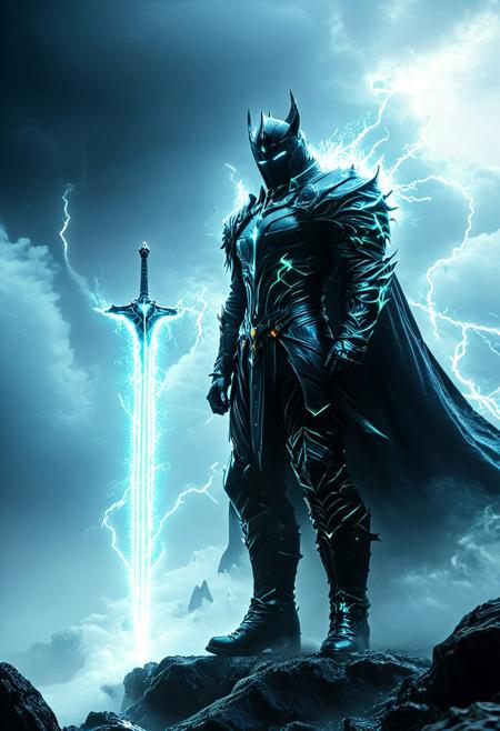 A hyper-realistic fantasy image capturing a dramatic and electrifying moment. A man in sleek, futuristic attire stands triumphantly on a rugged mountaintop, his elegant long coat adorned with glowing neon accents in vivid blues and green, whipping wildly in the fierce storm. His cyberpunk-inspired short hair, spiked and sharp, is caught in the chaotic winds as he raises a massive sword high above his head, its polished blade cutting through the darkened sky. At the climax of the scene, a jagged bolt of lightning strikes the blade, illuminating the man in a brilliant, otherworldly glow. His heavy, reinforced boots dig firmly into the rocky ground, anchoring him against the tempestuous gale. In the distance, the cyberpunk city skyline sprawls with towering skyscrapers, their neon lights shimmering through the torrential rain and mist. The low-angle perspective emphasizes the heroâs power and defiance, creating an epic, larger-than-life composition that blends raw elemental energy with a futuristic aesthetic. <lora:Dever_Flux_Enhancer.safetensors:0.5>,  <lora:Elden_Ring_-_Yoshitaka_Amano.safetensors:1.0>, <lora:black_fantasy.safetensors:0.5>,   <lora:boFLUX digital-abyss.safetensors:0.3>,