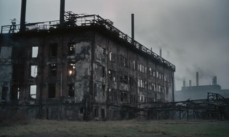 a movie still of landscape of industrial ruins, cinematic, fog, gloomy, dark shadows, scary, master piece, dramatic light, ultra detailed, ultra high quality, sharp focus, 8k uhd, dslr, soft lighting, high quality, 25mm f1.4, film grain, fujifilm xt3, by  Andrei Tarkovsky