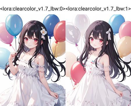 1girl,solo,black hair,red eyes,long hair,(kid, child:1),
white dress,bare shoulders,collarbone,
smile,
cowboy shot,
white background,balloon,many balloon,
<lora:clearcolor_v1.7_lbw:0>,