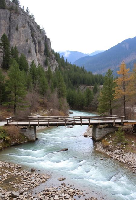 The image depicts a serene, natural landscape dominated by a dramatic rock formation on the left, its rugged face partially covered by a sparse growth of pine trees. The trees extend down the slope, gradually becoming denser and exhibiting a mix of green and subtle autumnal hues as they recede into the valley. A rustic wooden bridge spans a clear, fast-flowing river that winds its way through the foreground, its surface reflecting the overcast sky. The bridge appears well-worn, with stone supports grounding it to the riverbanks. Beyond the river, the valley stretches into the distance, with layers of tree-covered mountains fading into a misty horizon under a soft, diffused light from the cloud-laden sky. The overall atmosphere is tranquil and remote, suggesting an untouched wilderness.