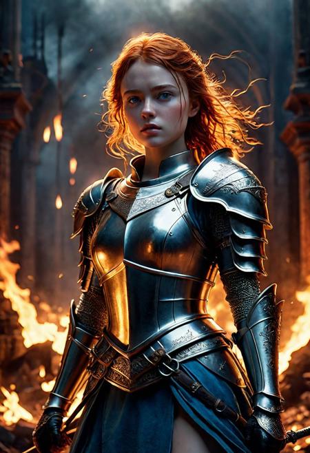 High resolution ultra-realistic of Beautiful Warrior Sadie Sink as Joan of Arc, 8k, capturing the intensity of the moment, cinematic lighting, standing on a bloody and stormy battlefield in bloody battle, wavy red hair, realistic dirty pale face, realistic blue eyes,  beautiful hourglass figure, burning in a medieval Town, intricately designed iron and silver armor, Dark Ages Aesthetic, perfect athletic figure, beautiful Warrior Joan of Arc, fire, ultra realistic, cinematic style, vigorous and seductive, athletic figure, dark fantasy, dramatic lighting, wet and sweaty skin, dirty skin, athletic figure, dark fantasy, dramatic lighting, Greg Rutkowski style,, Warrior Joan of Arc on in iron armor, hyper-detailed, hyper-realistic, bright colours, Attractive 21 old years girl, Attractive, beautiful firm Breasts, sharp focus, digital painting, Photograph Taken on Nikon D750, Alphonse Mucha, 8K, athletic figure, Hyperdetailed, hyperrealism, Attractive, Attractive bust girl, asymmetric balance