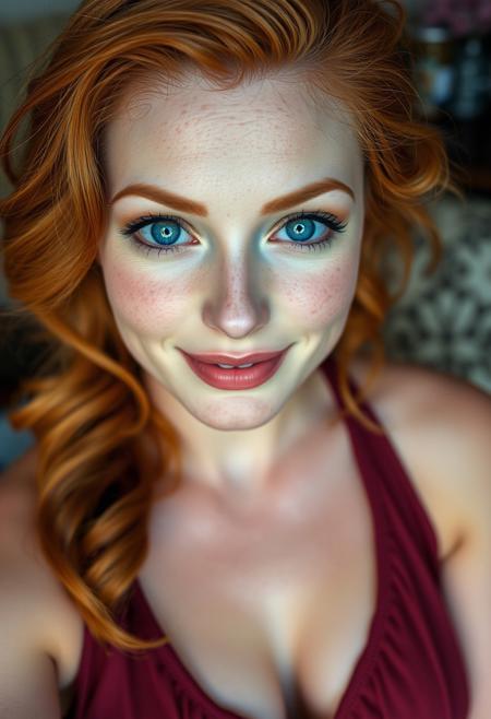 Beautiful woman, Petite, curvaceous figure, freckled skin, round-shaped face, large pale blue eyes, slightly upturned nose, warm smile, full lips, well-defined cheekbones, coppery red hair in soft waves
deep cleavage,
Full lips,