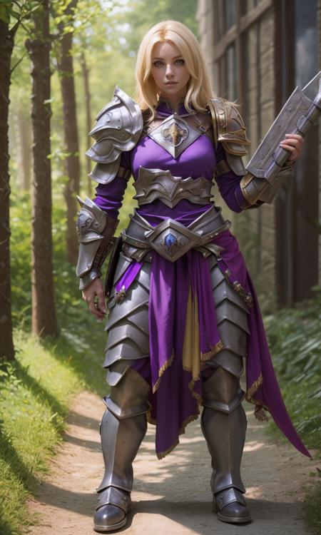 epicpauldrons2024, 1girl, epicarmor2024, best quality, masterpiece, raw photo, depth of field, looking at viewer, magical, fantasy, 5 fingers, depth of field, magical purple armor, full body, cleric, asymmetrical armor, eagle pauldron, armored boots, blonde hair, large breasts, woman