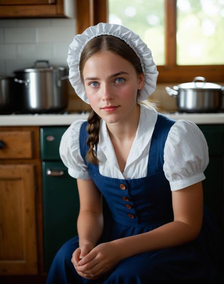 Amish girl, wearing a plain ankle-length dress, buttons on the front, cleavage,  bonnet, perfect eyes, highly detailed beautiful expressive eyes, detailed eyes. On her knees on the kitchen floor. The kitchen is stocked with cookware and food. she has a serene expression. Sunlight coming through the window. Upper body photo.  35mm photograph, film, bokeh, professional, 4k, highly detailed dynamic lighting, photorealistic, 8k, raw, rich, intricate details, key visual