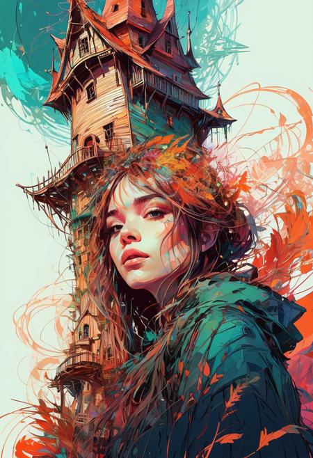 Abstract style a young witch in her tower| centered| key visual| intricate| highly detailed| breathtaking beauty| precise lineart| vibrant| comprehensive cinematic| Carne Griffiths| Conrad Roset . Non-representational, colors and shapes, expression of feelings, imaginative, highly detailed