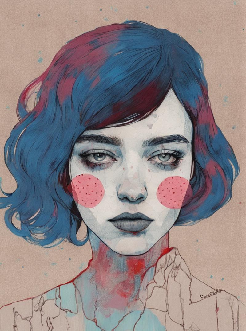 Blue Haired Woman with Red Lips and Pink Dots on her Face.