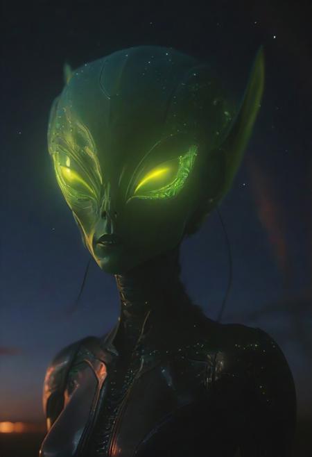 Ultrarealistic. sharp focus, dynamic lighting. play of light, reflection, refraction, Raytracing, Ultra detailed. Alien themed. alienworld. Feminine humanoid alien, outdoors, scenery, starry night sky,