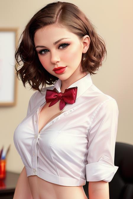 photo of a woman, madpic:0.99, ((pale skin)), ((short hair, dark brown hair))((bowtie, white shirt):1.2),((closeup, portrait):1.2),((indoors, office):1.2),,((red lipstick, eyeliner, eye shadow, blush):1.2), ((best quality, masterpiece, extreme details, high resolution):1.2),((detailed eyes, beautiful eyes, detailed face, beautiful face):1.2)