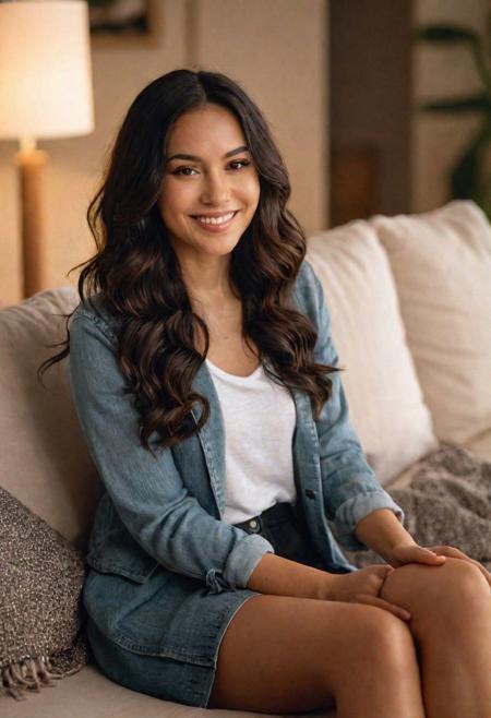 A photo of a 26 years old latin woman with Black wavy long hair, sitting on a cozy couch, crossing legs, soft light, relaxed posture, comfortable home setting, warm tones, intimate atmosphere, casual clothing, subtle smile, (ambient lighting:1.2), natural color palette, serene expression, high-resolution, Sony 7R IV, 1/60s, f/2.8, ISO 200, indoor tranquility, soft-focus background, detailed texture of couch fabric,