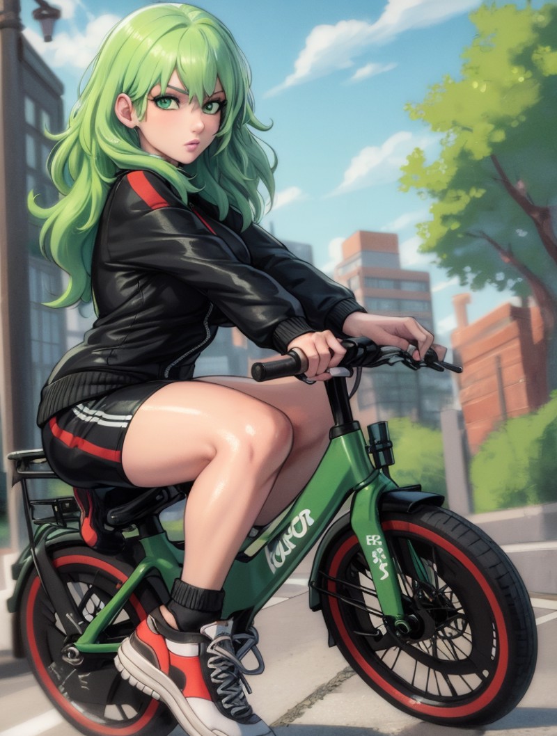 masterpiece, best quality, fembyleth, (light green hair:1.3), green eyes, black tracksuit, sneakers, riding a bicycle, loo...