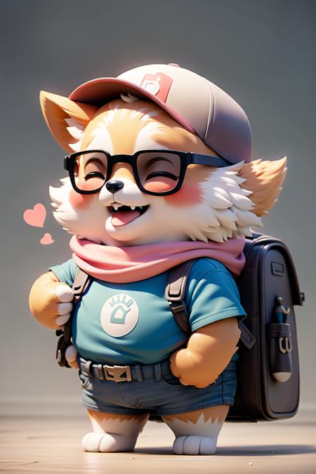 Pixar style,MG_ip,hat,backpack,open mouth,closed eyes,1boy,bag,heart,solo,smile,scarf,male focus,baseball cap,shirt,simple background,standing,full body,fangs,sunglasses,dog,holding,white shirt,white background,belt,short sleeves,furry,animal,blush,happy,corgi,