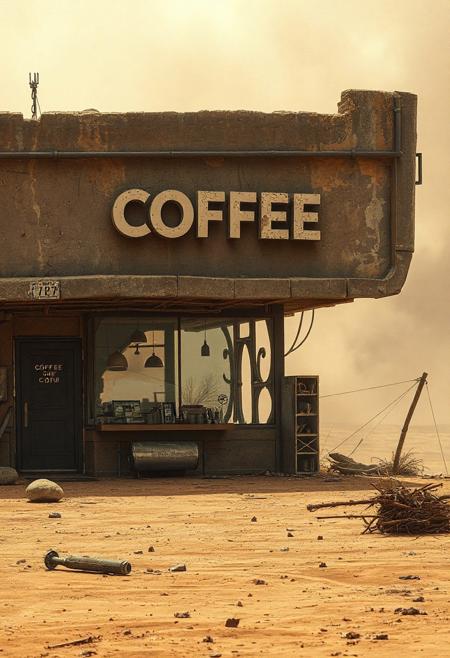 An exterior view of a futuristic, destroyed, lonely coffee shop, post apocalyptic barren planet, dry and dusty, parched surface, hot windy atmosphere, dust blowing, smoke, rising in the background, broken glass, decay