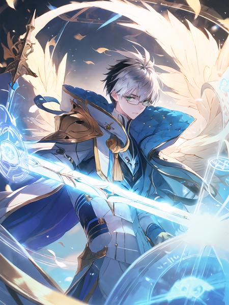 masterpiece,best quality,highres,cinematic lighting,dramatic angle,1boy,<lora:ShadowverseWilbertV6-000020:0.8>,white hair,two-tone hair,black hair,glasses,green eyes,white suit,ribbon,cape,(holding sword:1.2),sword,shield,(holding shield:1),looking at viewer,serious,dynamic angle,magic shield,magic circle,wings