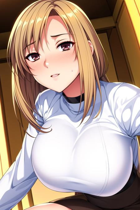 Simple White Background,
shirt, 
<lora:Sakimi_Ayase_Maro-KK77-V2:0.7>,
blonde_hair,brown_eyes,long_hair,Bangs,
<lora:Mariana_Luciano_NON_VIRGIN-KK77-V1:0.3>,<lora:more_details:0.1>,
1 girl, 20yo,Young female,Beautiful Finger,Beautiful long legs,Beautiful body,Beautiful Nose,Beautiful character design, perfect eyes, perfect face,expressive eyes,perfect balance,
looking at viewer,(Focus on her face),closed mouth, (innocent_big_eyes:1.0),Light_Smile,
official art,extremely detailed CG unity 8k wallpaper, perfect lighting,Colorful, Bright_Front_face_Lighting,shiny skin, 
(masterpiece:1.0),(best_quality:1.0), ultra high res,4K,ultra-detailed,
photography, 8K, HDR, highres, absurdres:1.2, Kodak portra 400, film grain, blurry background, bokeh:1.2, lens flare, (vibrant_color:1.2),professional photograph, 
(Beautiful,large_Breasts:1.4), (beautiful_face:1.5),(narrow_waist),