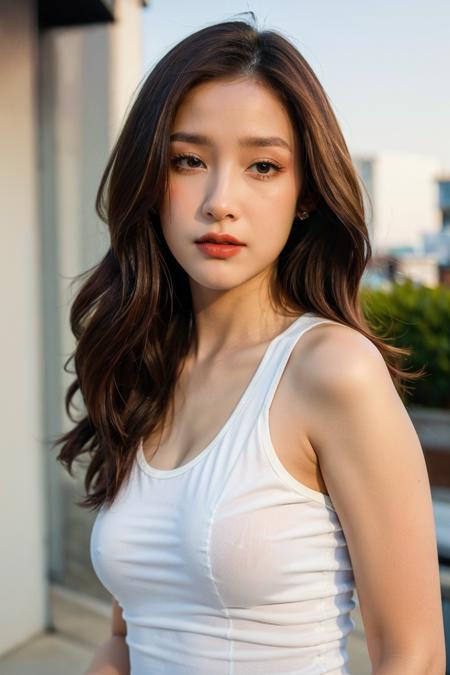 (best quality:1.4), (ultra highres:1.2), (photorealistic:1.4), (8k, RAW photo:1.2),(portrait shot:1.3), _nckhsr_, 1girl, solo, looking at viewer, long hair, brown hair, brown eyes, standing, lips, lipstick, tank top, denim, white shirt, <lora:_nckhsr_-000008:0.65>