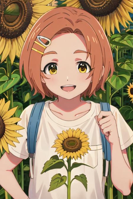 ryuzaki_kaoru_theidolmastercinderellagirlsu149 short_hair, hair_ornament, hairclip, orange_hair, brown_hair, yellow_eyes, smile, upper_body, open_mouth