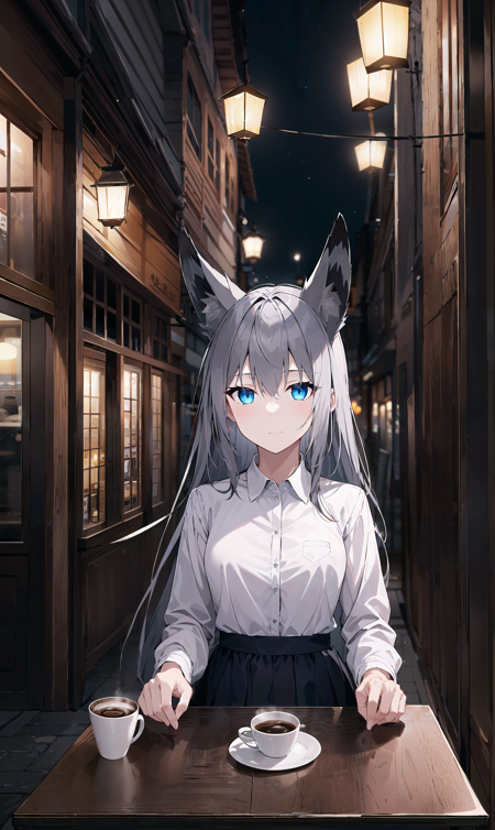 masterpiece, best quality, high quality, 1girl, solo, fox ears, animal ear fluff, blue eyes, grey hair, long hair, hair between eyes, looking at viewer, indoors, cafe, table, coffee cup, window, street view, medieval city, night, lanterns, grey cloak, white shirt, black skirt, kawakaze \(azur lane\), expressionless, kwkzmit