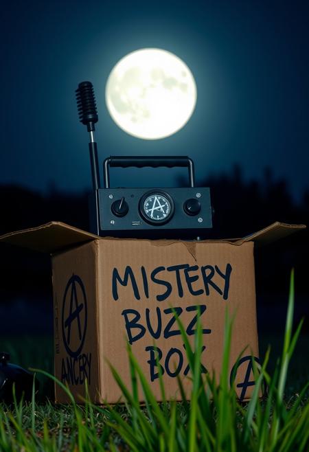 buzz machine, a cardboard box, little ruined, with anarchy symbols on sides, having written "MISTERY BUZZ BOX", full moon in background illuminate the scene, few long blades of acid green grass