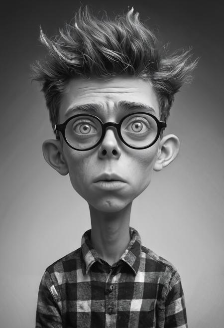 (Black and white photo) of exaggerated bored teen caricature, style of Alexander Jansson