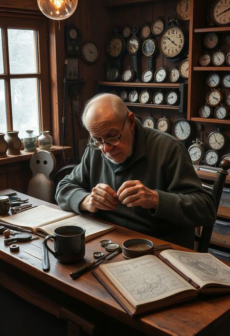 An elderly watchmaker sits at a wooden workbench in a cozy, warmly lit room, his round glasses slipping down his nose as he carefully adjusts the tiny gears of an old pocket watch. His hands, wrinkled but steady, work with practiced precision, surrounded by scattered tools, spare parts, and open sketchbooks filled with delicate diagrams. A steaming mug of tea rests beside him, forgotten in his focus. Through the frosty window, soft snow falls outside, covering the quiet village in a gentle hush. The atmosphere is serene, filled with the quiet ticking of countless clocks lining the shelves—each one a testament to his tireless dedication and love for his craft.