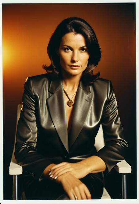 Studio portrait of a Studio portrait Female legendary German leader, middle-aged (30s), driven and confident, visionary leader, intense focus with quiet strength, strategic thinker, deep brown eyes with a warm glow, olive skin with fine lines, sleek black hair with a silky sheen, striking features, sitting backward on a chair, rebellious and unconventional, captured with Polaroid Land Camera 100 Polaroid 20x24 Studio Lens, large-format precision on Fuji FP-100C, vivid colors with glossy finish, with heavy grain for a gritty texture, Museum: archival quality, finest detail, platinum-palladium print. Stil: Helmut Newton: provocative, glamorous. wearing sleek black blazer over a silk blouse, in 1960s hippie, free and colorful, golden hour light with a warm glow. Atmosphäre: on a rainy afternoon with soft, diffused glow. Ausdruck: eyes blazing with unspoken fury. Gesamteffekt: commanding respect, impressive presence, capturing authority