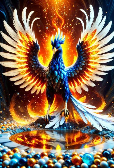 (((reality-shot, realism, realistic photography of a mythical phoenix rising from marble ashes, feathers formed by cascading streams of luminous glass orbs, eyes glowing like molten gold centers encased in crystal, flames licking at its form replaced by radiant bursts of refracted light, rebirth-themed art style, fiery-opal theme, intricate details, ultra sharp, exquisite detail, flawless composition, vivid colors, masterpiece, eternal brilliance lora:marbles_world:1 )))