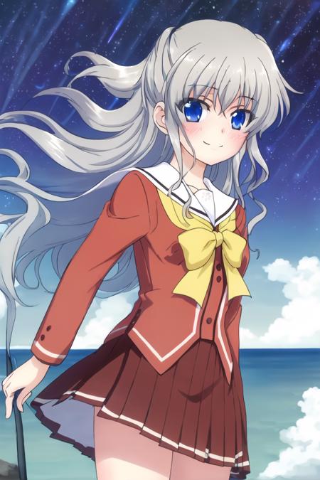 <lora:tomori_nao-000010:0.8>,(master piece:1.3),(best quality:1.3), cowboy shot, (1girl:1.2),  solo,( long hair:1.3), (floating hair:1.2), (ahoge:1.1), (blush:1.1),(seductive smile:1.1),medium breasts,  standing, looking at viewer, (sea:1.3),(starry sky:1.3)  ,beach,  water, (school uniform:1.3)